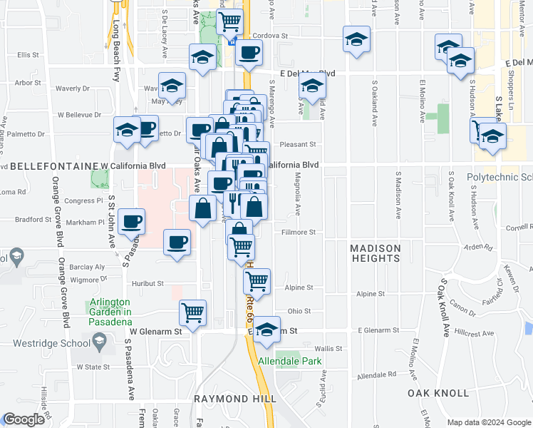 map of restaurants, bars, coffee shops, grocery stores, and more near 719 South Marengo Avenue in Pasadena