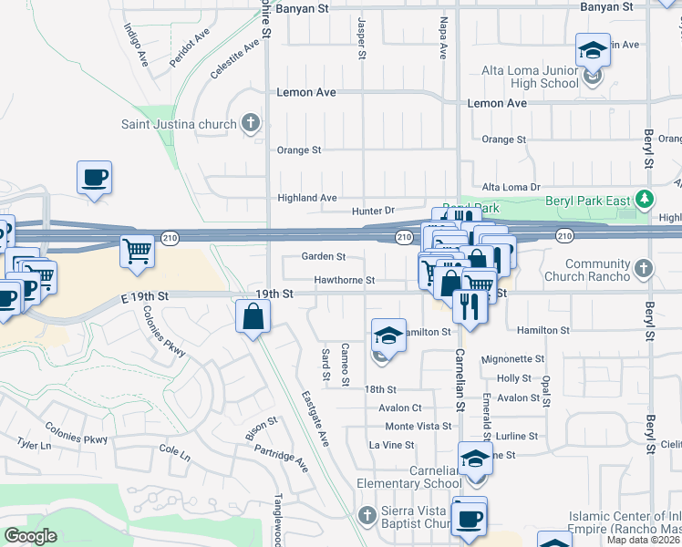 map of restaurants, bars, coffee shops, grocery stores, and more near 8452 Hawthorne Street in Rancho Cucamonga