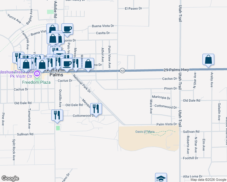 map of restaurants, bars, coffee shops, grocery stores, and more near 74077 Pinon Drive in Twentynine Palms