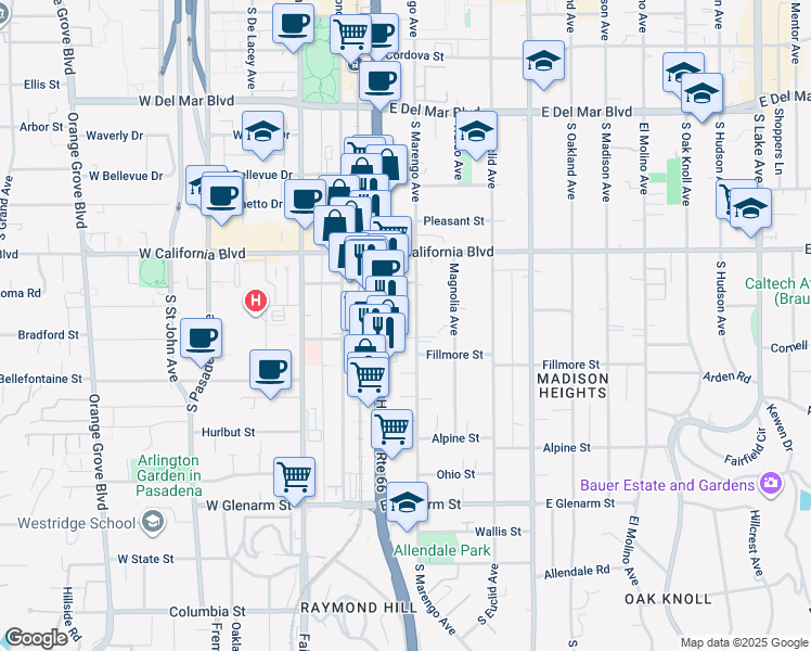 map of restaurants, bars, coffee shops, grocery stores, and more near 719 South Marengo Avenue in Pasadena