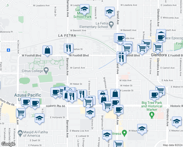 map of restaurants, bars, coffee shops, grocery stores, and more near 702 West Carroll Avenue in Glendora