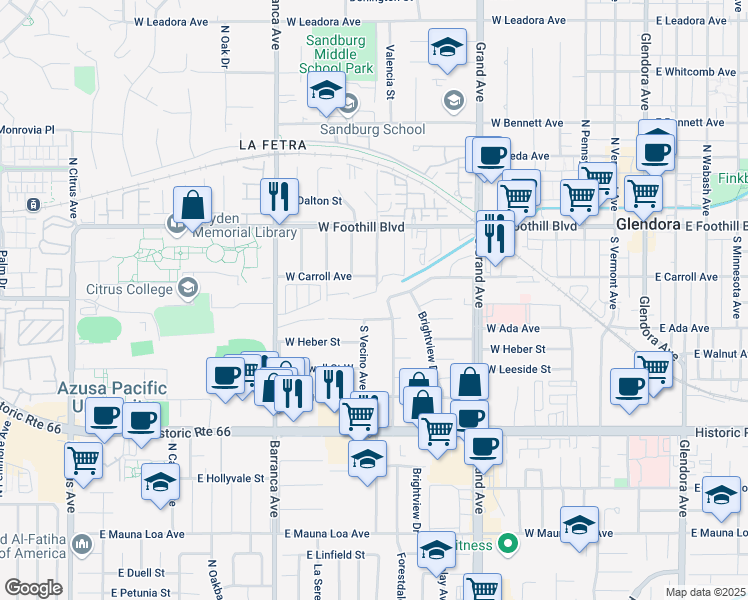 map of restaurants, bars, coffee shops, grocery stores, and more near 702 West Carroll Avenue in Glendora