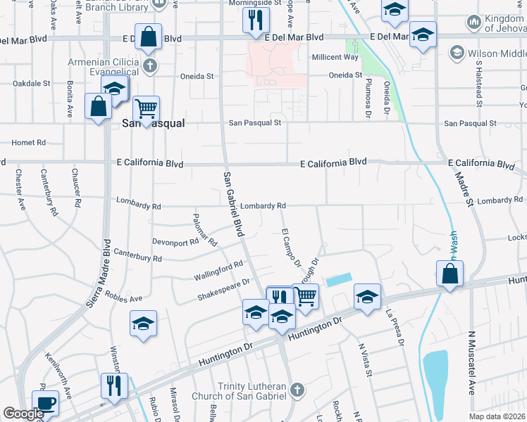 map of restaurants, bars, coffee shops, grocery stores, and more near 2964 Lombardy Road in Pasadena