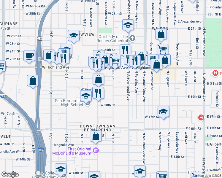map of restaurants, bars, coffee shops, grocery stores, and more near 1980 North D Street in San Bernardino