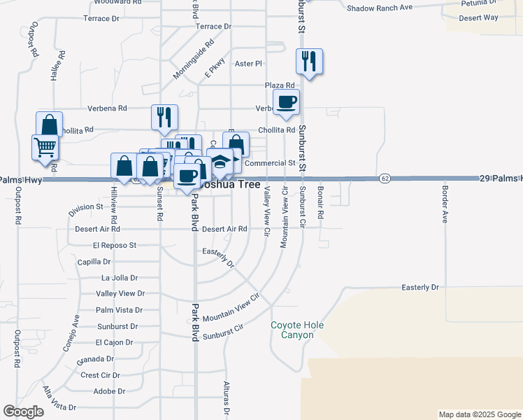map of restaurants, bars, coffee shops, grocery stores, and more near 62081 Grand View Circle in Joshua Tree