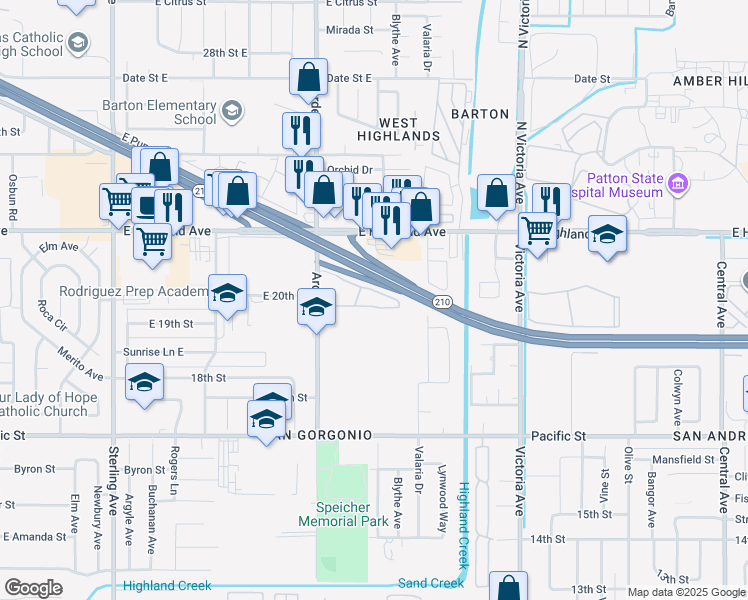 map of restaurants, bars, coffee shops, grocery stores, and more near Foothill Freeway in Highland