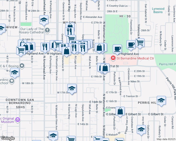 map of restaurants, bars, coffee shops, grocery stores, and more near 2036 Wall Avenue North in San Bernardino