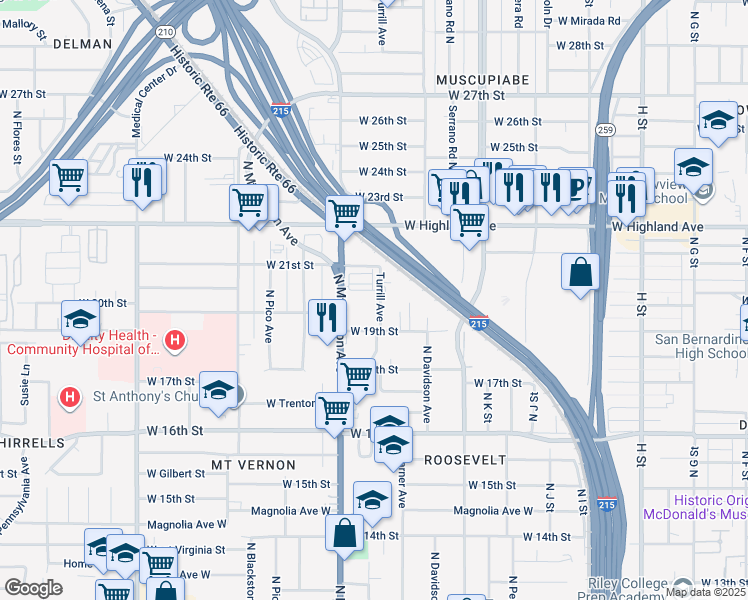 map of restaurants, bars, coffee shops, grocery stores, and more near 2059 Turrill Avenue in San Bernardino