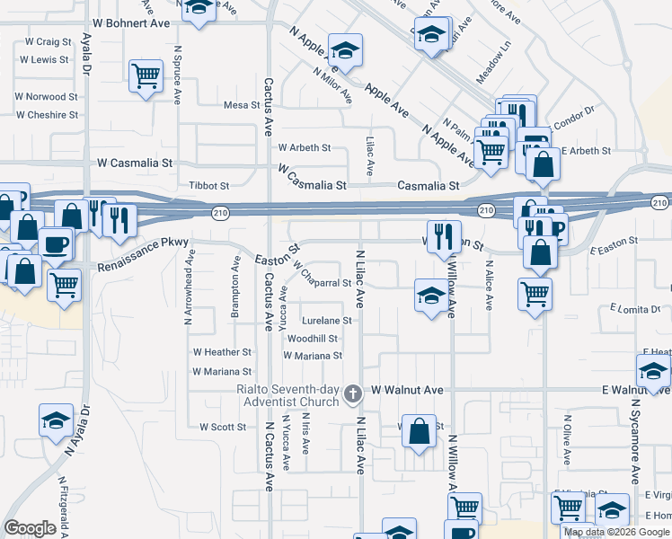 map of restaurants, bars, coffee shops, grocery stores, and more near 19416 Cromwell Street in Rialto