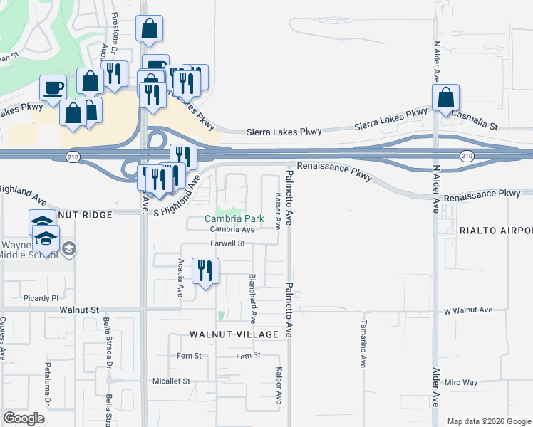 map of restaurants, bars, coffee shops, grocery stores, and more near 6593 Blanchard Avenue in Fontana