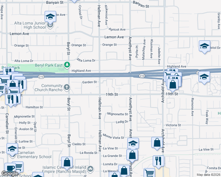 map of restaurants, bars, coffee shops, grocery stores, and more near 6625 Sugar Pine Place in Rancho Cucamonga
