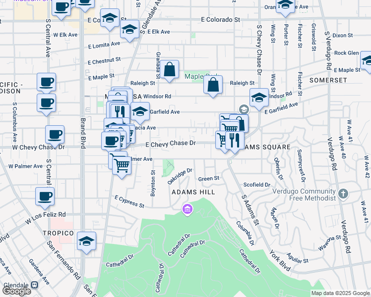 map of restaurants, bars, coffee shops, grocery stores, and more near in Glendale