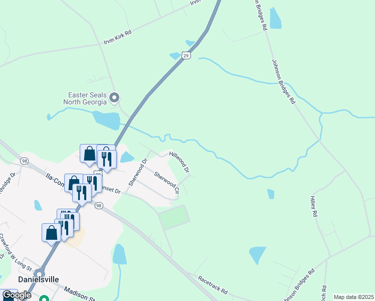 map of restaurants, bars, coffee shops, grocery stores, and more near 349 Hillwood Drive in Danielsville