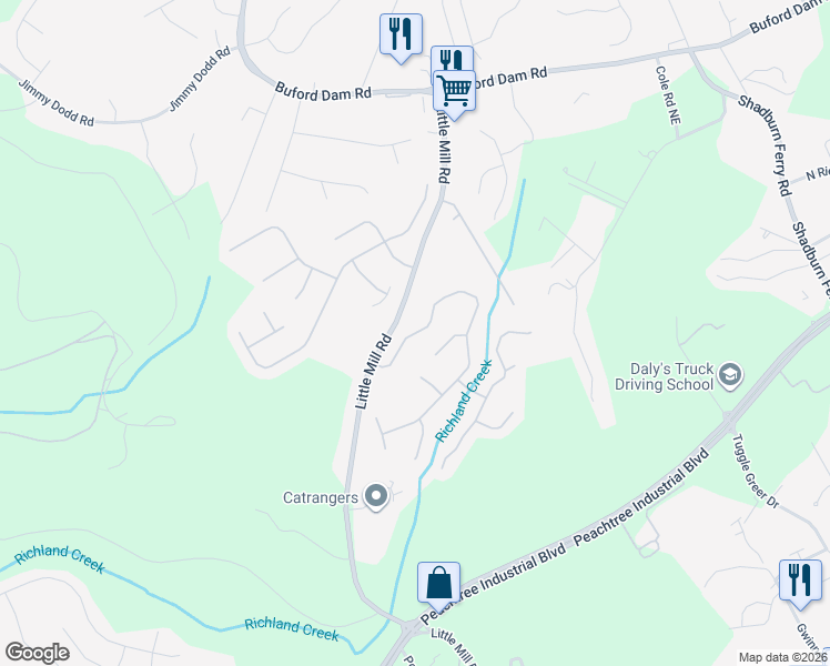 map of restaurants, bars, coffee shops, grocery stores, and more near Skylar Leigh Drive Northeast in Buford