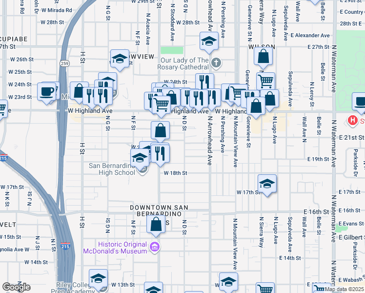 map of restaurants, bars, coffee shops, grocery stores, and more near 1988 North D Street in San Bernardino