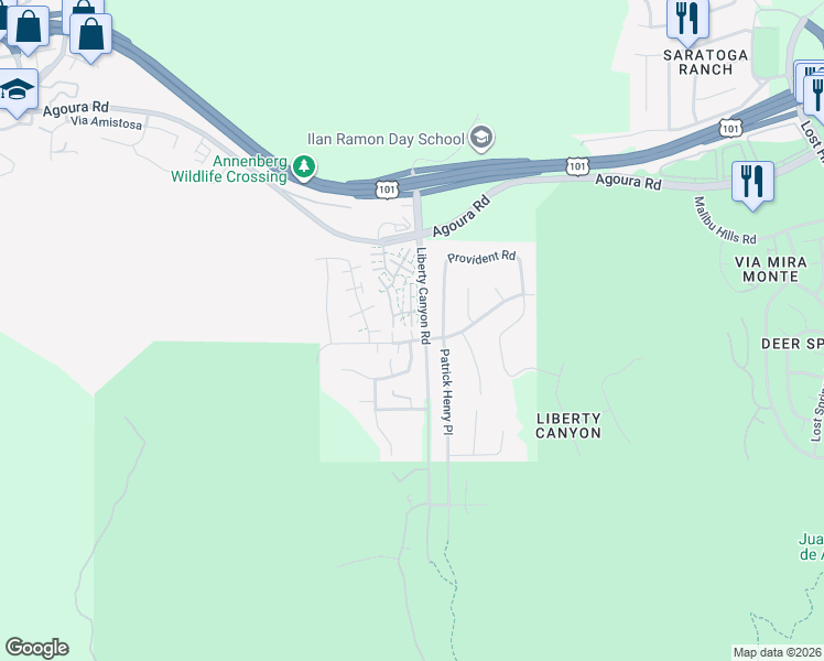 map of restaurants, bars, coffee shops, grocery stores, and more near 4032 Yankee Drive in Agoura Hills