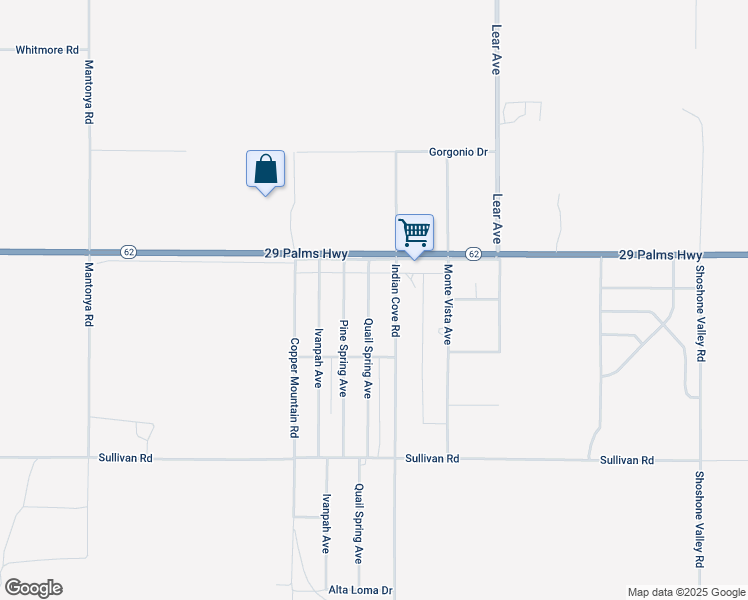 map of restaurants, bars, coffee shops, grocery stores, and more near 6591 Quail Spring Avenue in Twentynine Palms
