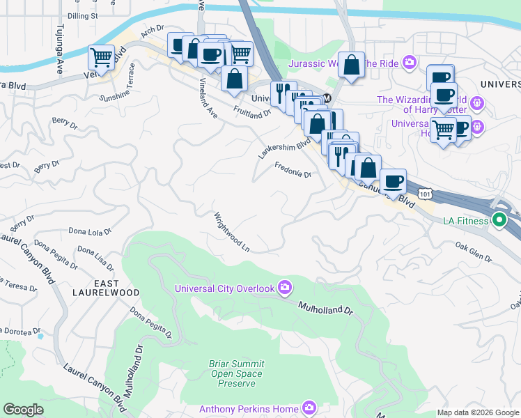 map of restaurants, bars, coffee shops, grocery stores, and more near 10803 Alta View Drive in Los Angeles