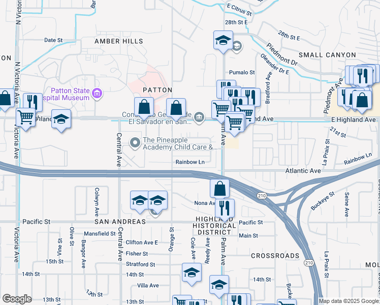 map of restaurants, bars, coffee shops, grocery stores, and more near 3465 20th Street in Highland