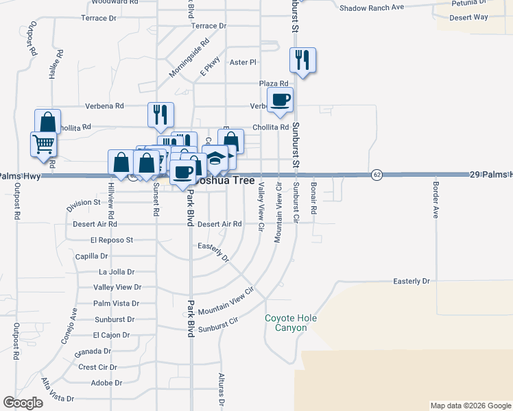 map of restaurants, bars, coffee shops, grocery stores, and more near 62048 Valley View Circle in Joshua Tree