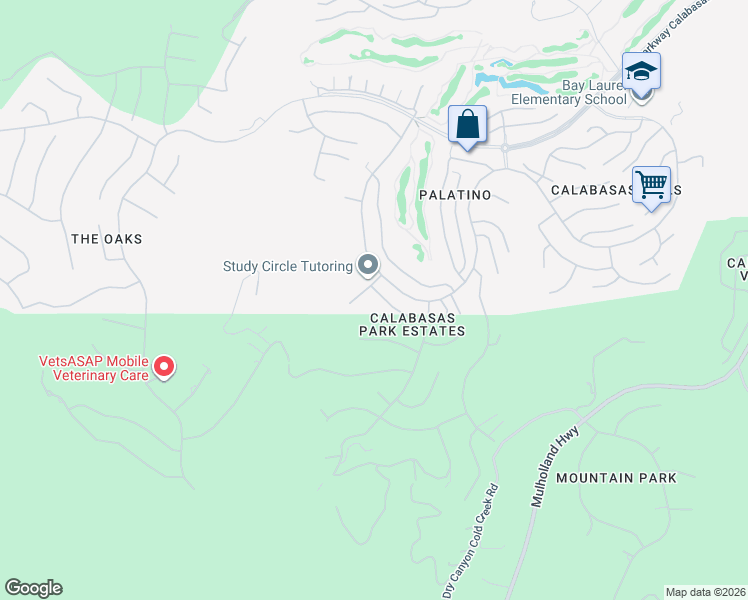 map of restaurants, bars, coffee shops, grocery stores, and more near 3467 Malaga Court in Calabasas