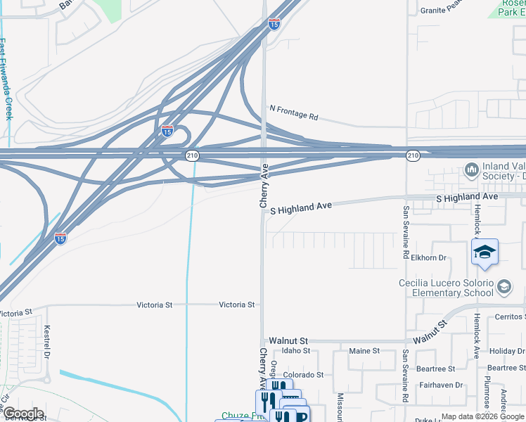 map of restaurants, bars, coffee shops, grocery stores, and more near Cherry Ave & S Highland Ave in Fontana