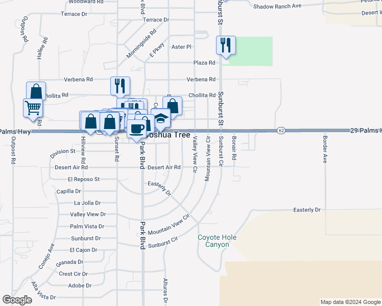 map of restaurants, bars, coffee shops, grocery stores, and more near 62048 Valley View Circle in Joshua Tree