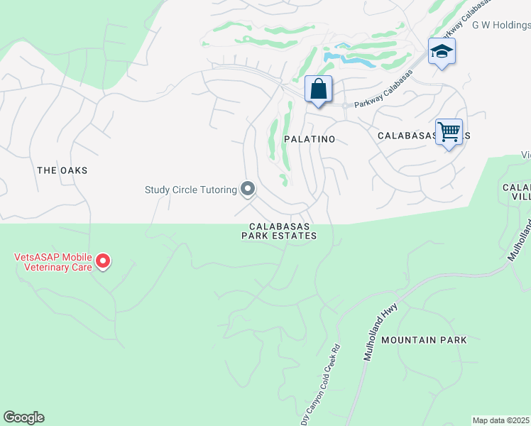 map of restaurants, bars, coffee shops, grocery stores, and more near 3670 Paseo Primario in Calabasas