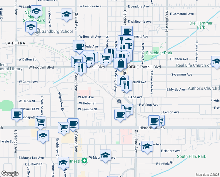 map of restaurants, bars, coffee shops, grocery stores, and more near 273 South Vermont Avenue in Glendora