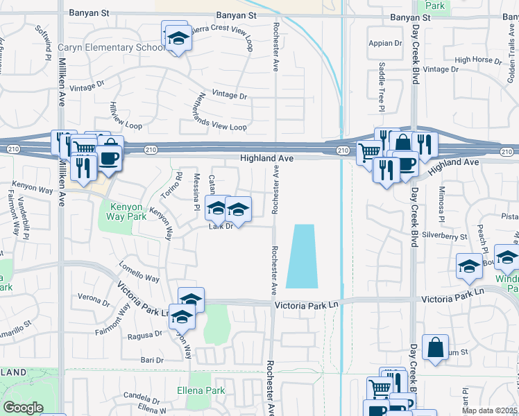map of restaurants, bars, coffee shops, grocery stores, and more near 6614 Vianza Place in Rancho Cucamonga