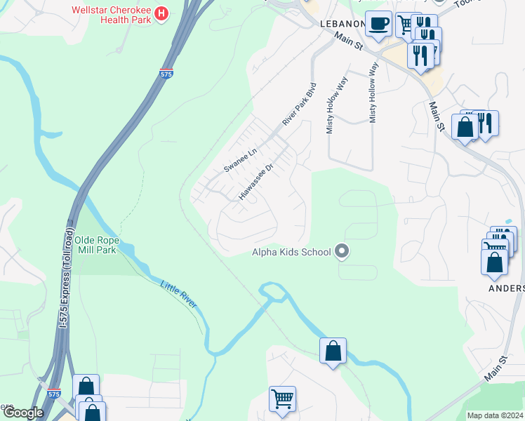 map of restaurants, bars, coffee shops, grocery stores, and more near 431 Chatooga Lane in Woodstock