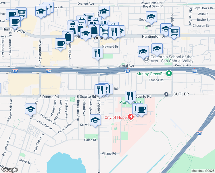 map of restaurants, bars, coffee shops, grocery stores, and more near 1624 Brightside Avenue in Duarte