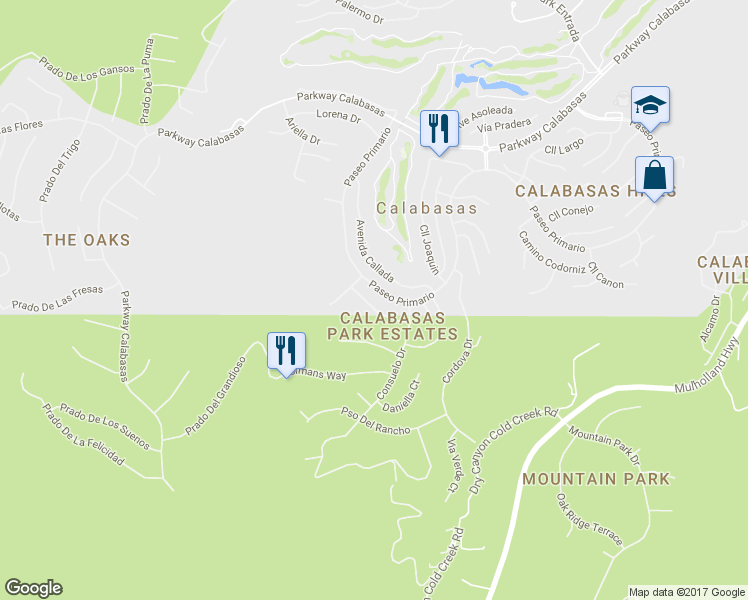 map of restaurants, bars, coffee shops, grocery stores, and more near 3450 Malaga Court in Calabasas