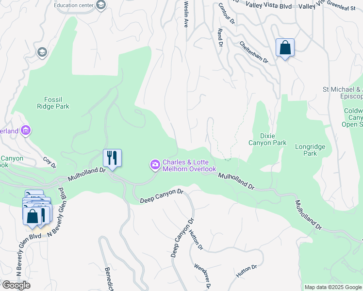 map of restaurants, bars, coffee shops, grocery stores, and more near 13741 1/2 Mulholland Drive in Beverly Hills