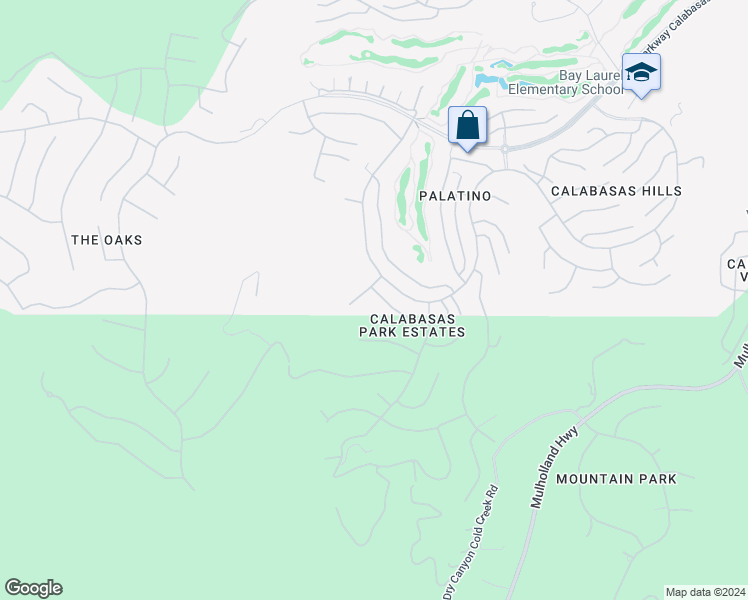 map of restaurants, bars, coffee shops, grocery stores, and more near 3467 Malaga Court in Calabasas