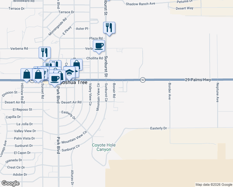map of restaurants, bars, coffee shops, grocery stores, and more near 62085 Bonair Road in Joshua Tree