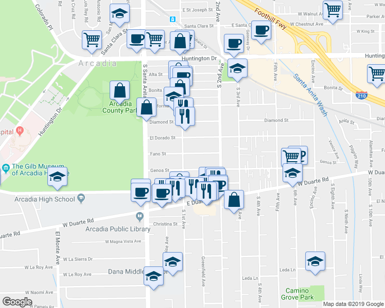 map of restaurants, bars, coffee shops, grocery stores, and more near 120 Fano Street in Arcadia