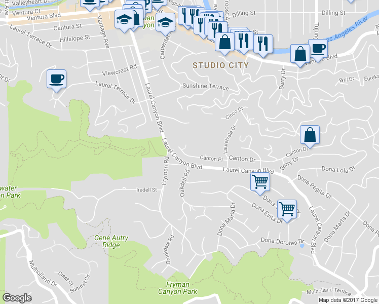 map of restaurants, bars, coffee shops, grocery stores, and more near 11747 Canton Place in Los Angeles