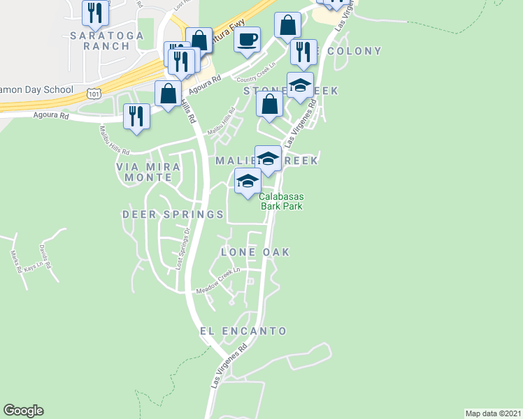 map of restaurants, bars, coffee shops, grocery stores, and more near 4029 Las Virgenes Road in Calabasas