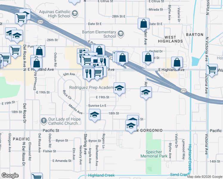 map of restaurants, bars, coffee shops, grocery stores, and more near 6110 Guthrie Street North in San Bernardino