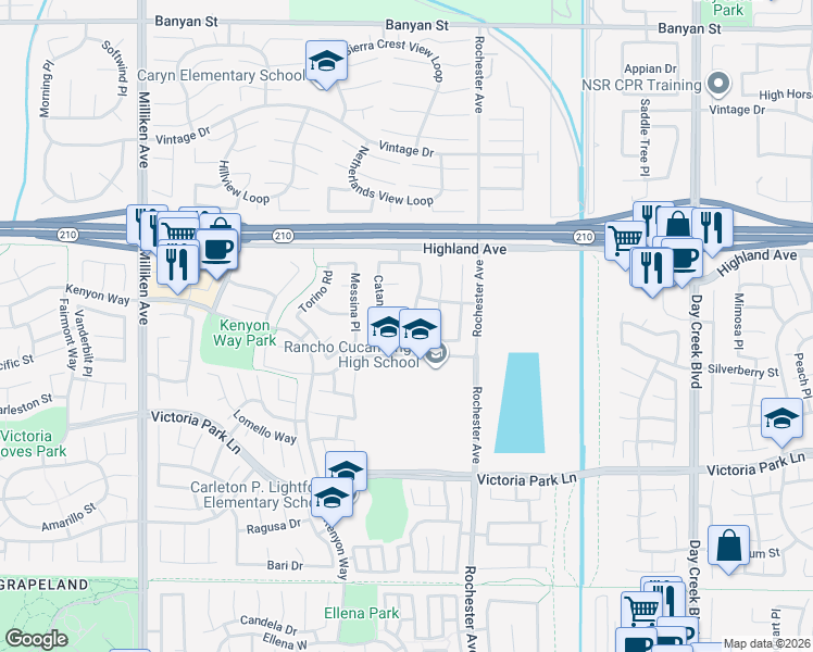 map of restaurants, bars, coffee shops, grocery stores, and more near 6617 Monte Carlo Place in Rancho Cucamonga