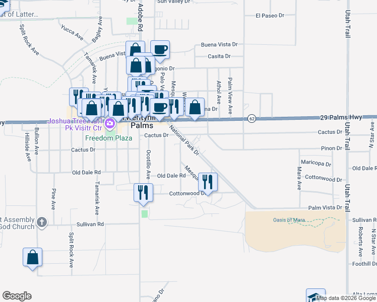 map of restaurants, bars, coffee shops, grocery stores, and more near 6628 National Park Drive in Twentynine Palms