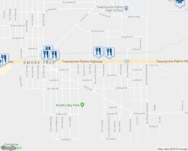 map of restaurants, bars, coffee shops, grocery stores, and more near 6598 La Buena Tierra Avenue in Twentynine Palms