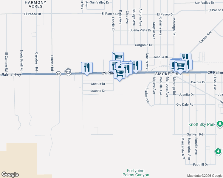 map of restaurants, bars, coffee shops, grocery stores, and more near 71690 Juanita Drive in Twentynine Palms