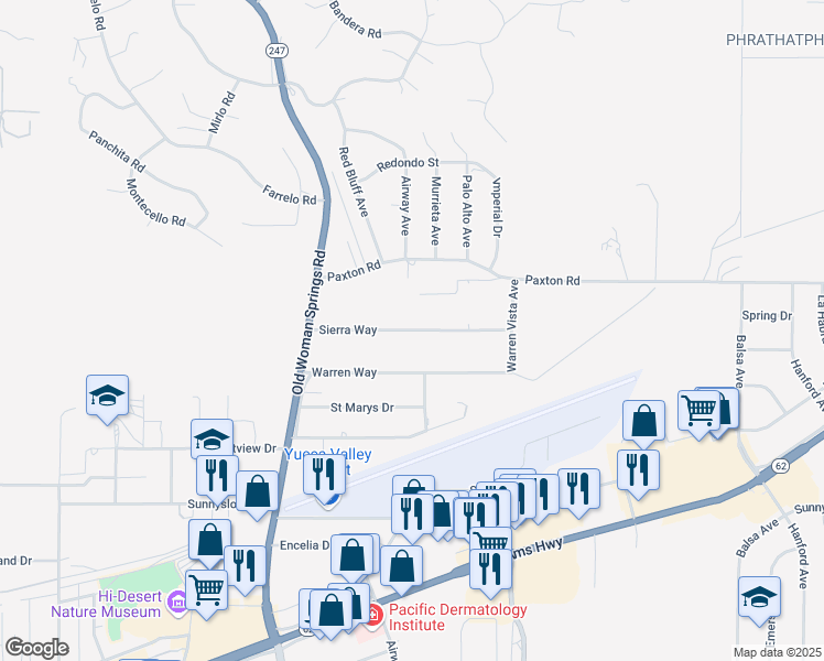 map of restaurants, bars, coffee shops, grocery stores, and more near Sierra Way in Yucca Valley