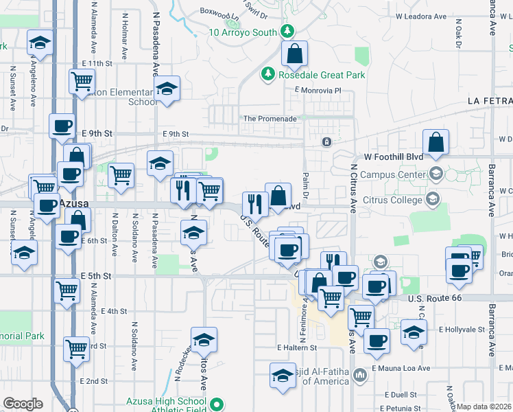 map of restaurants, bars, coffee shops, grocery stores, and more near 784 East Foothill Boulevard in Azusa