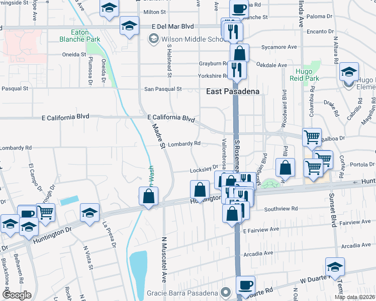 map of restaurants, bars, coffee shops, grocery stores, and more near 3569 Lombardy Road in Pasadena