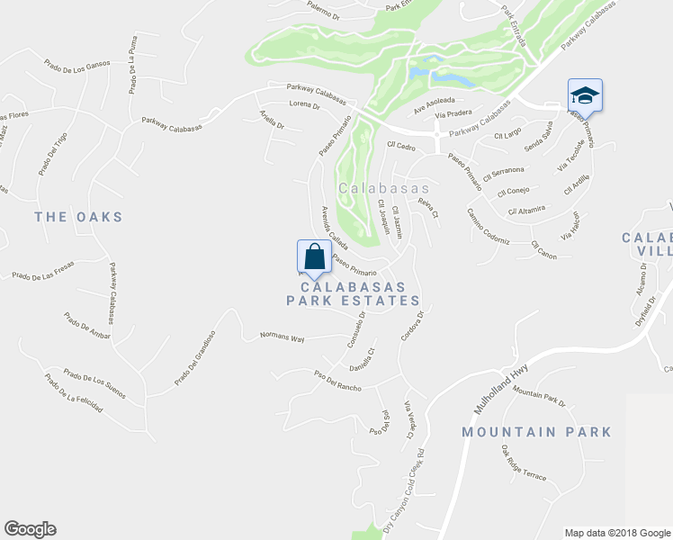 map of restaurants, bars, coffee shops, grocery stores, and more near 3450 Malaga Court in Calabasas