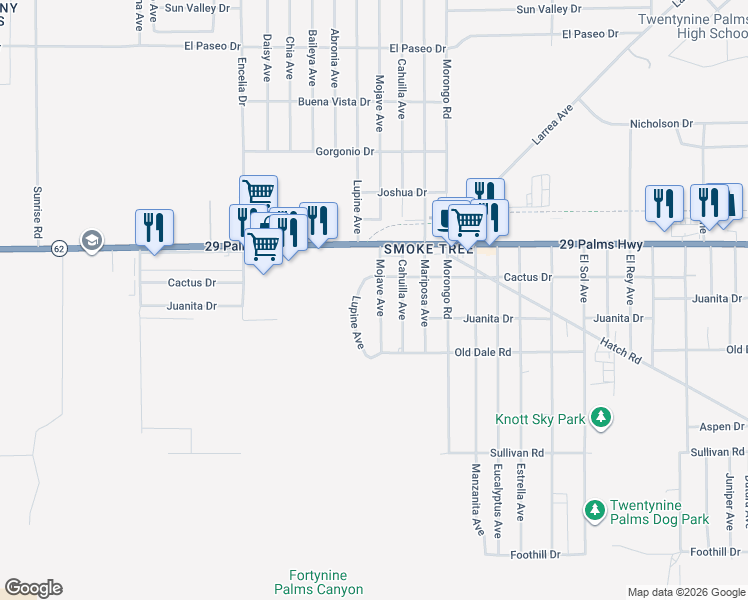 map of restaurants, bars, coffee shops, grocery stores, and more near 6560 Mojave Avenue in Twentynine Palms