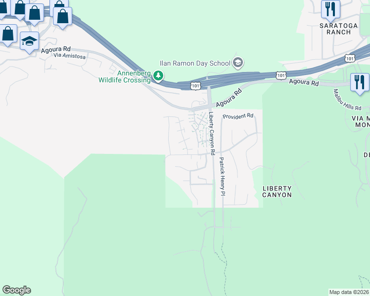 map of restaurants, bars, coffee shops, grocery stores, and more near 4021 Yankee Drive in Agoura Hills